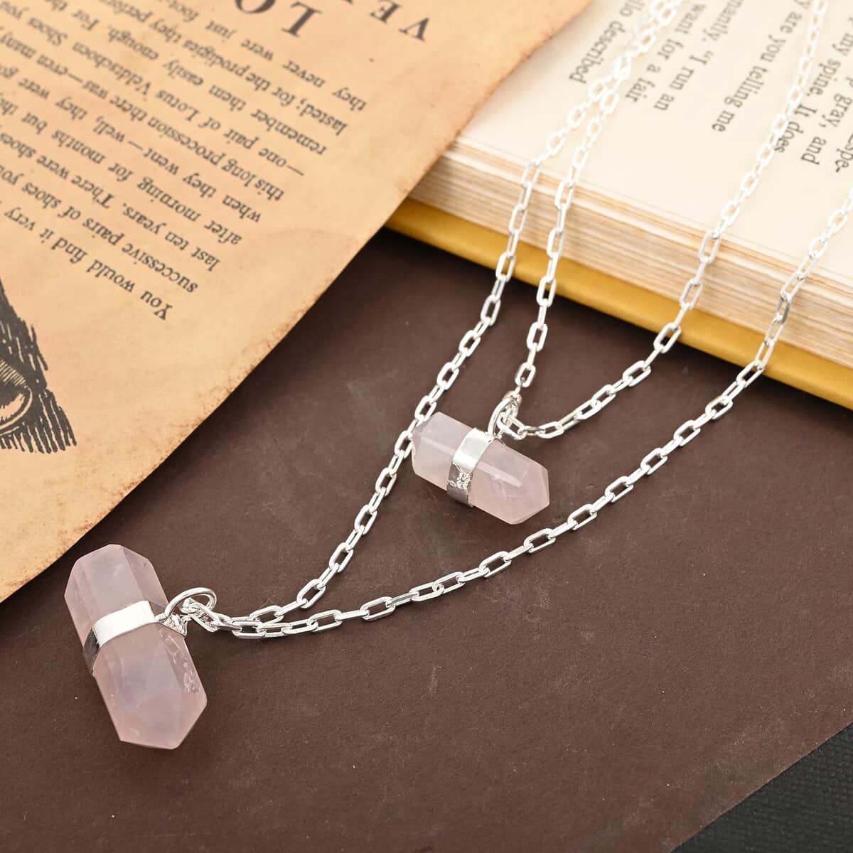 Galilea Rose Quartz Double Layer Necklace 21-23 Inches in Silvertone 36.00 ctw image number 1