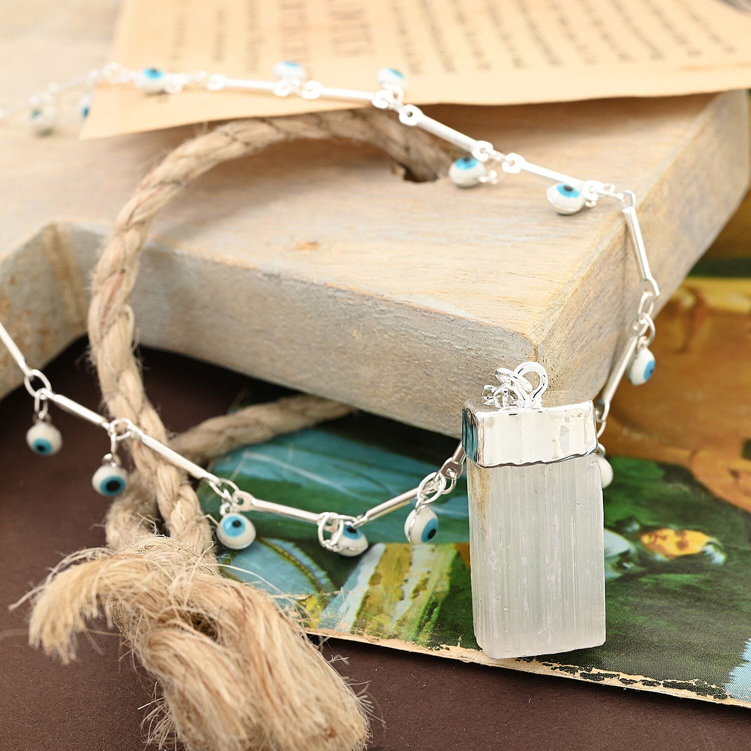 Selenite Pendant Necklace 20-22 Inches in Silvertone 24.50 ctw