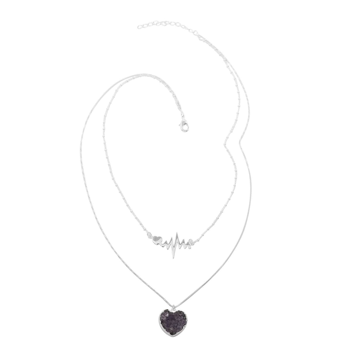 Amethyst Heart with Pulse Double Layer Necklace 21-23 Inches in Silvertone 23.50 ctw image number 0
