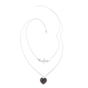 Amethyst Heart with Pulse Double Layer Necklace 21-23 Inches in Silvertone 23.50 ctw