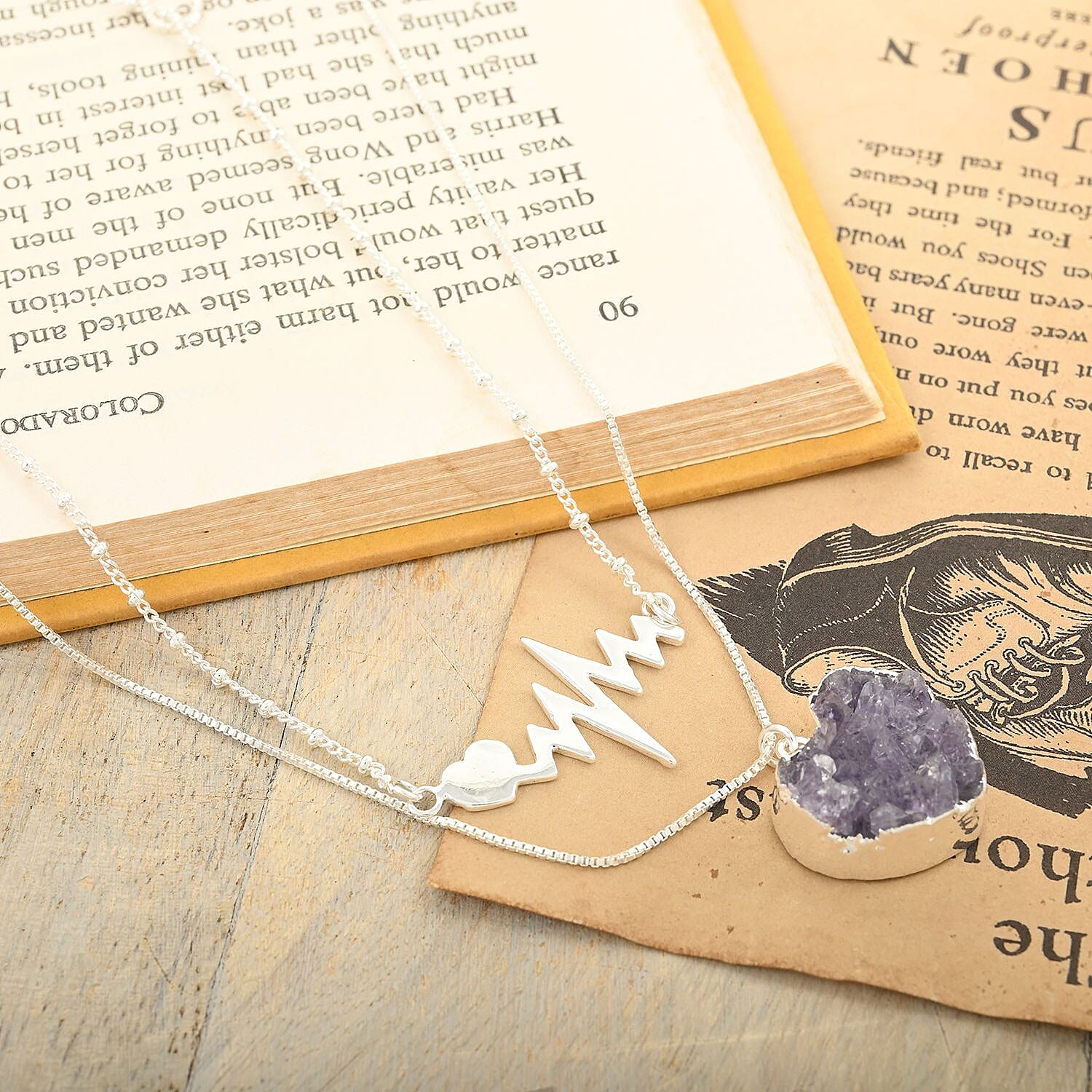 Amethyst Heart with Pulse Double Layer Necklace 21-23 Inches in Silvertone 23.50 ctw