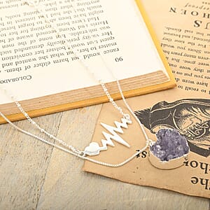 Amethyst Heart with Pulse Double Layer Necklace 21-23 Inches in Silvertone 23.50 ctw