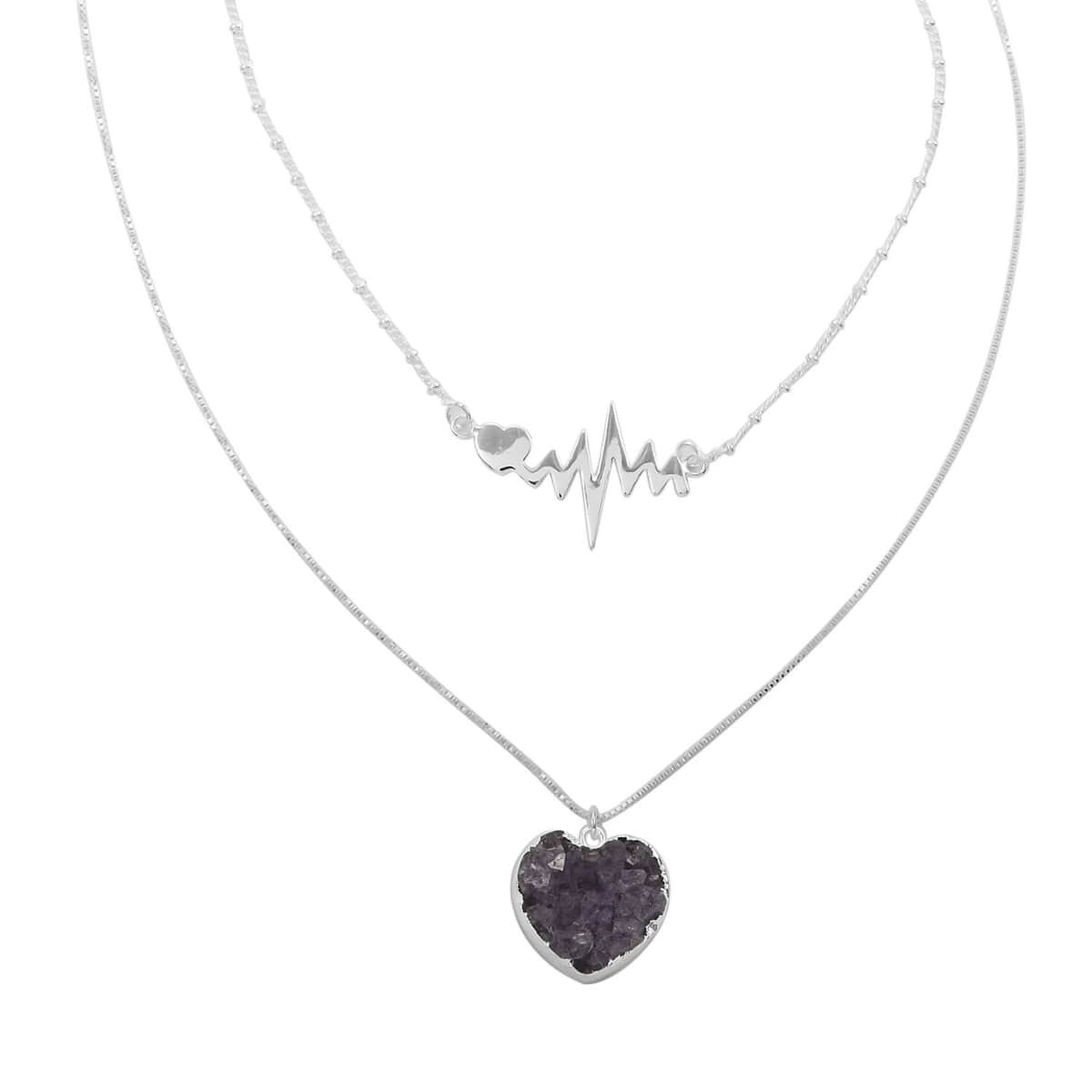 Amethyst Heart with Pulse Double Layer Necklace 21-23 Inches in Silvertone 23.50 ctw image number 2