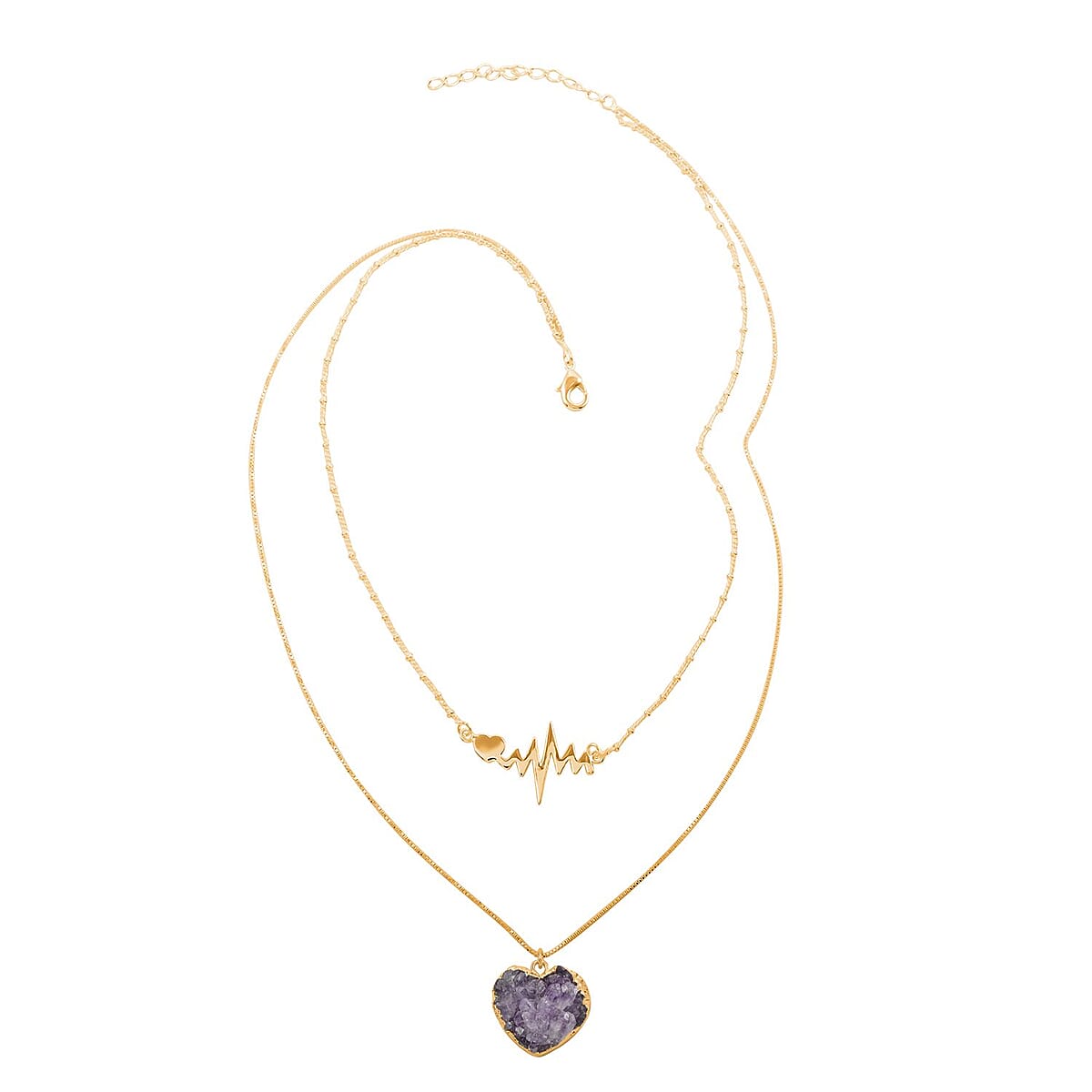 Amethyst Heart with Pulse Double Layer Necklace 21-23 Inches in Goldtone 22.50 ctw image number 0