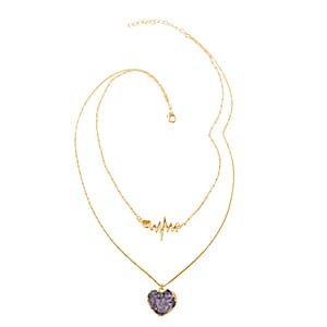 Amethyst Heart with Pulse Double Layer Necklace 21-23 Inches in Goldtone 22.50 ctw