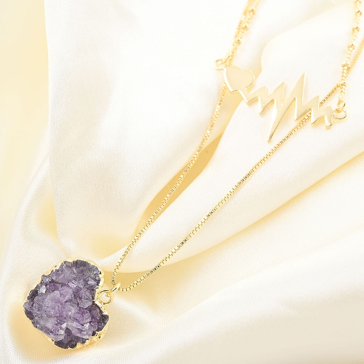 Amethyst Heart with Pulse Double Layer Necklace 21-23 Inches in Goldtone 22.50 ctw image number 1