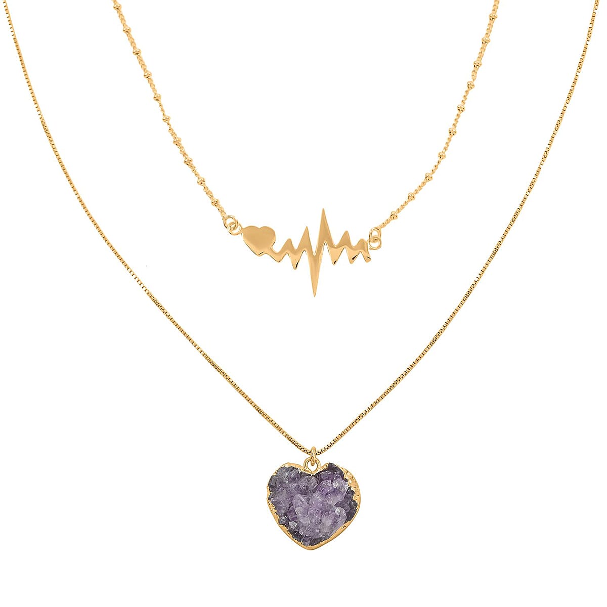 Amethyst Heart with Pulse Double Layer Necklace 21-23 Inches in Goldtone 22.50 ctw image number 2