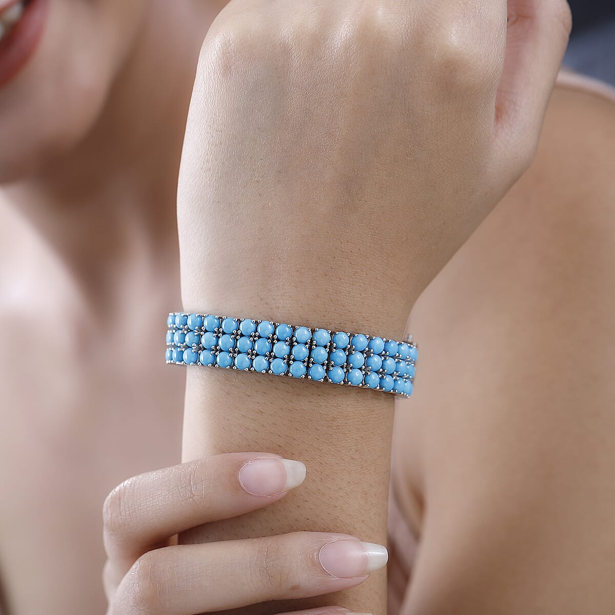 Premium Sleeping Beauty Turquoise 25.40 ctw 3 Row Bracelet in Platinum Over Sterling Silver (6.50 In) image number 2