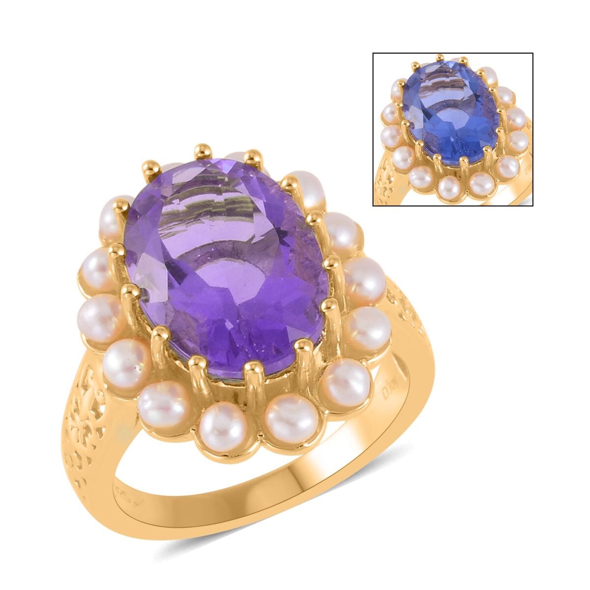 Color Change Fluorite (IR) and White Freshwater Pearl Halo Ring in Vermeil Yellow Gold Over Sterling Silver 7.00 ctw image number 0