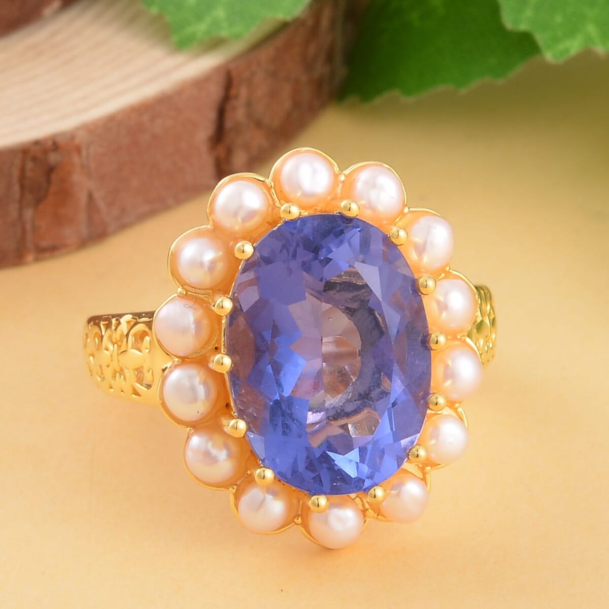 Color Change Fluorite (IR) and White Freshwater Pearl Halo Ring in Vermeil Yellow Gold Over Sterling Silver 7.00 ctw image number 1