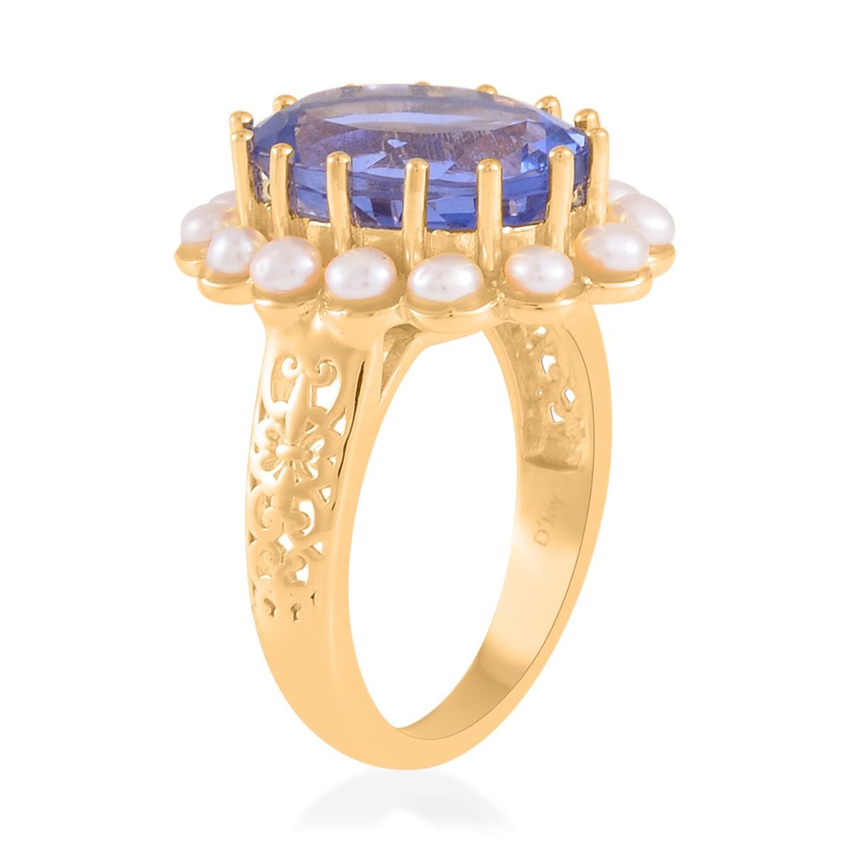 Color Change Fluorite (IR) and White Freshwater Pearl Halo Ring in Vermeil Yellow Gold Over Sterling Silver 7.00 ctw image number 3