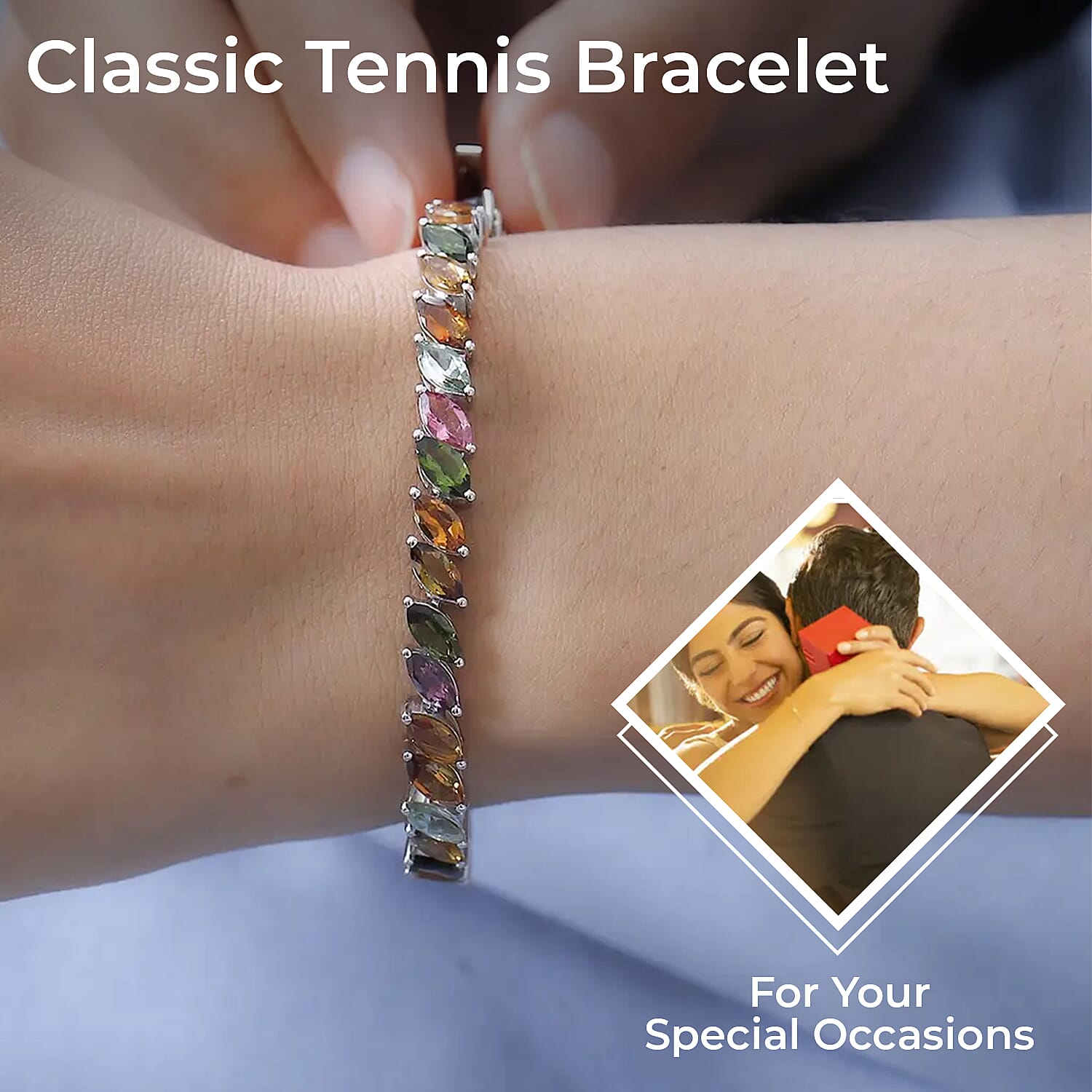 D'Joy Multi-Tourmaline 13.00 ctw Tennis Bracelet, Platinum Over Sterling Silver Bracelet, Colorful Bracelet For Women (7.25 In)