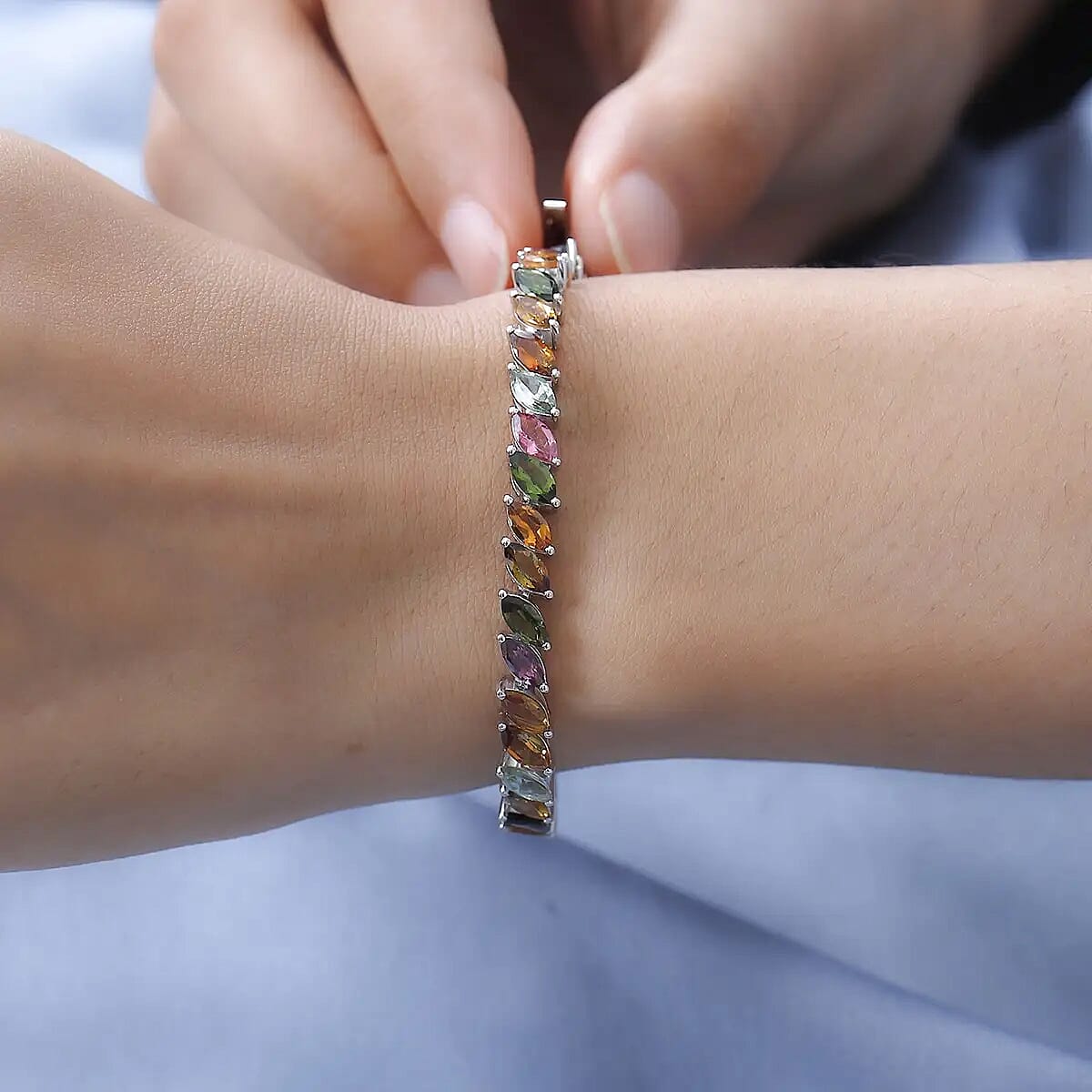 Multi-Tourmaline 12.50 ctw Tennis Bracelet, Platinum Over Sterling Silver Bracelet, Colorful Bracelet For Women (6.50 In) image number 5