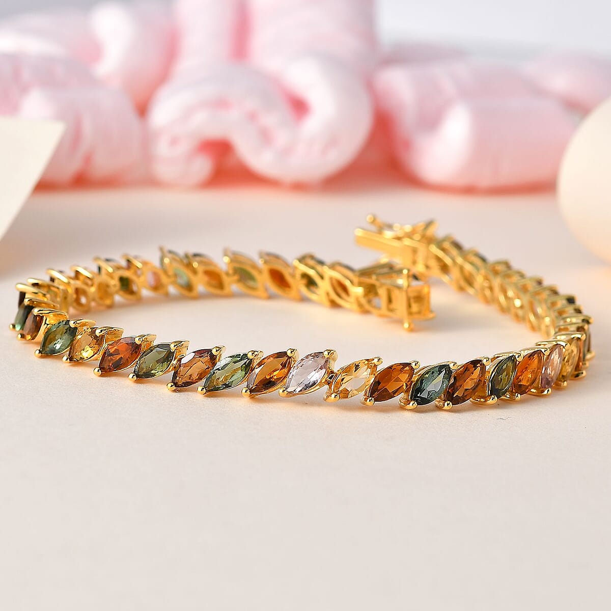 Multi-Tourmaline 13.90 ctw Tennis Bracelet,  Vermeil Yellow Gold Over Sterling Silver Bracelet, Colorful Bracelet For Women (8.00 In) image number 1