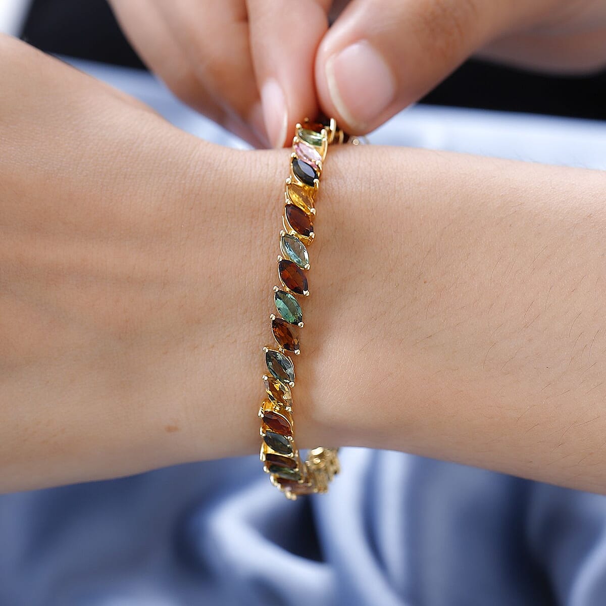 Multi-Tourmaline 13.90 ctw Tennis Bracelet,  Vermeil Yellow Gold Over Sterling Silver Bracelet, Colorful Bracelet For Women (8.00 In) image number 2