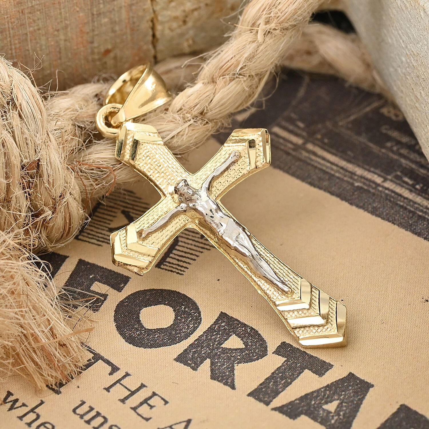 Made in USA 10K Yellow and White Gold Crucifix Pendant without Chain 0.90 Grams