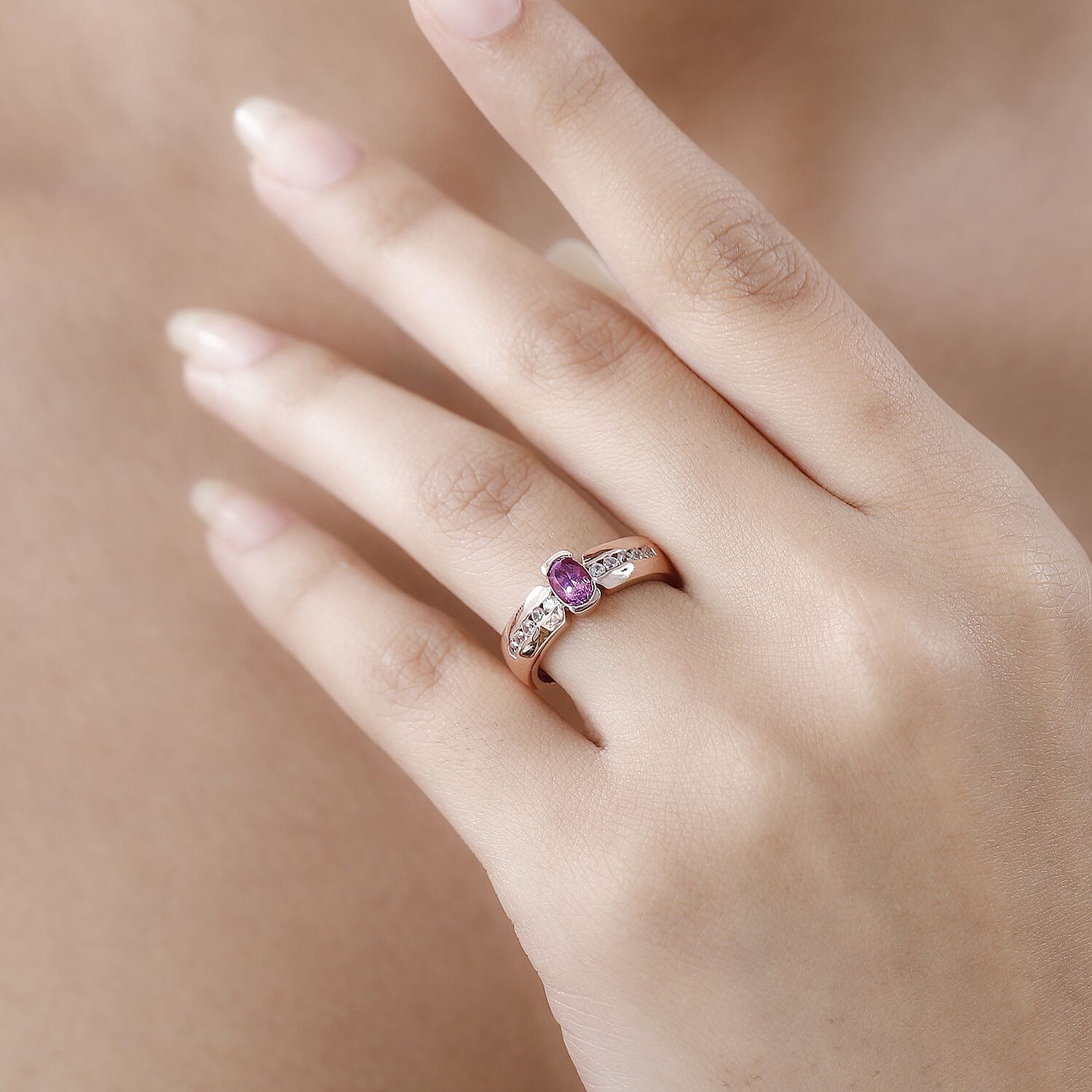 Purple Spinel and White Zircon 1.00 ctw Ring in 18K Vermeil Rose Gold Over Sterling Silver (Size 8.0)