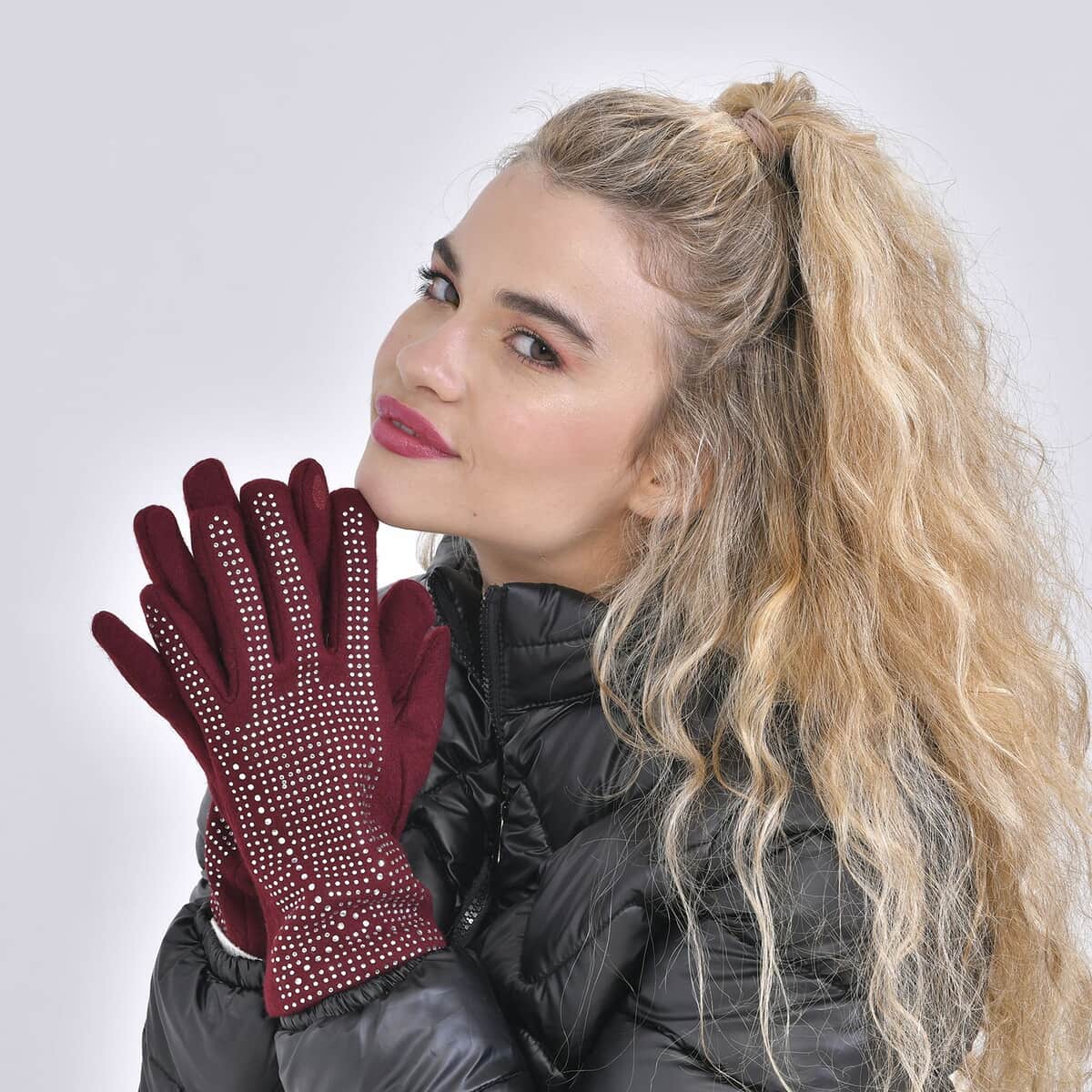 Wine Red 70% Wool and 30% Polyester Gloves with Touch Screen Function image number 1