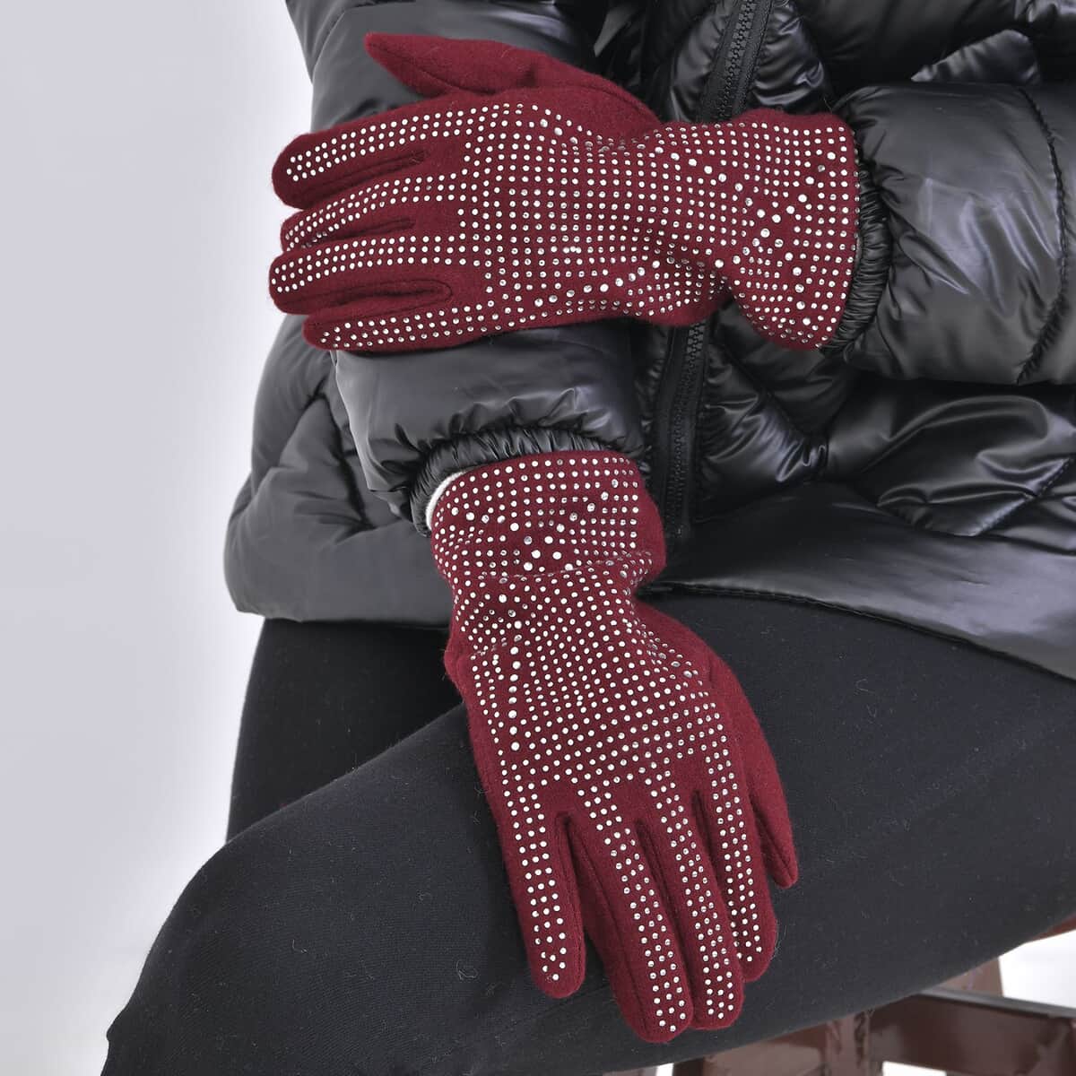 Wine Red 70% Wool and 30% Polyester Gloves with Touch Screen Function image number 2