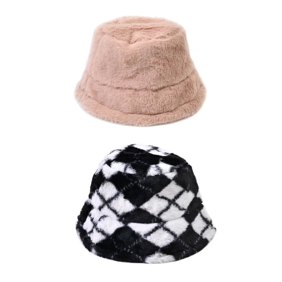 Set of 2 Beige and Leopard Solid Faux Fur Bucket Hats image number 0