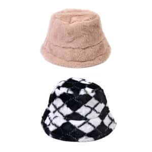 Set of 2 Beige and Leopard Solid Faux Fur Bucket Hats