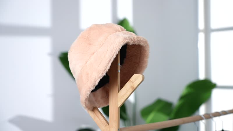 Set of 2 Black Chevron Pattern and Beige Solid Faux Fur Bucket Hats (22.85")