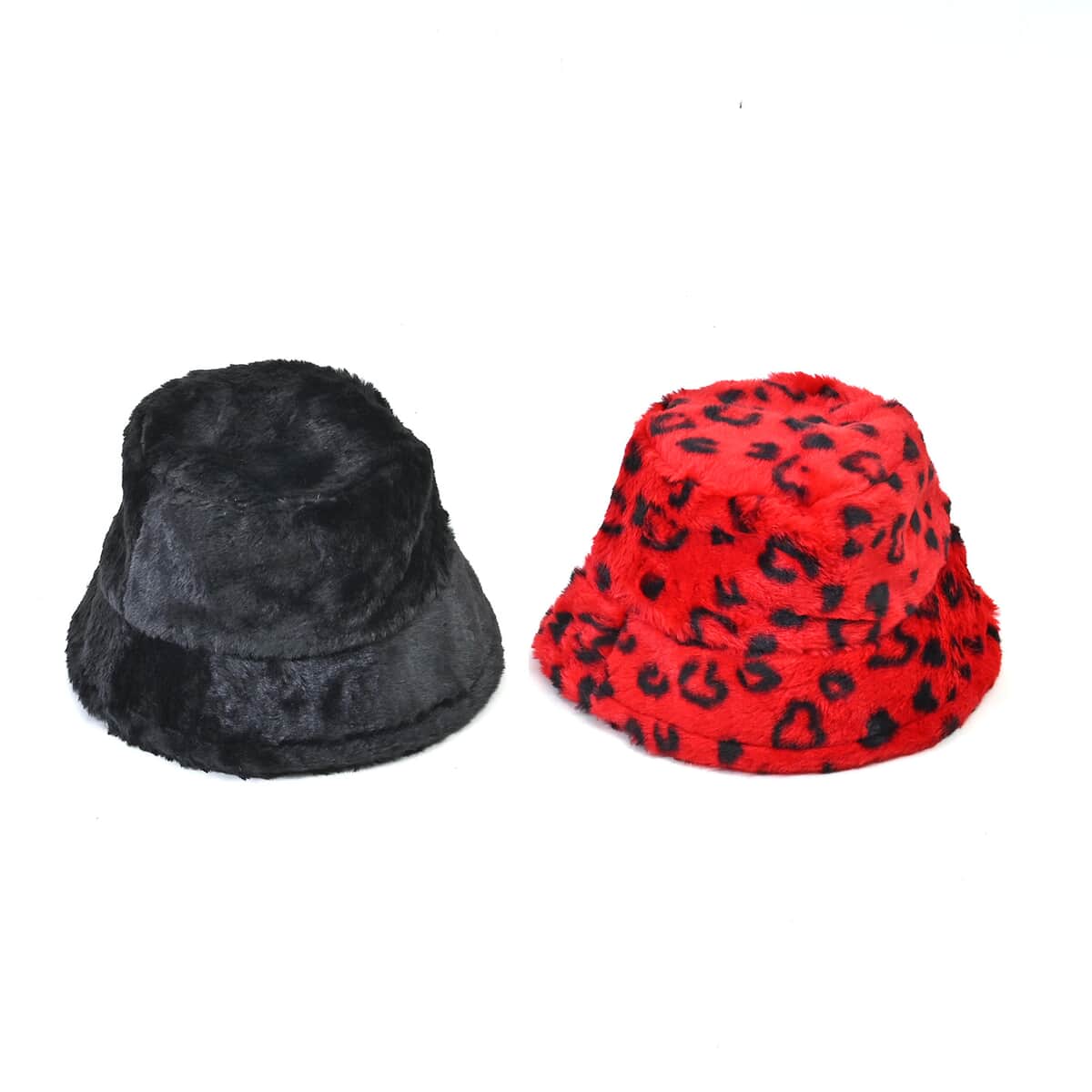 Set of 2 Red Cheetah Pattern and Black Solid Faux Fur Bucket Hats image number 0