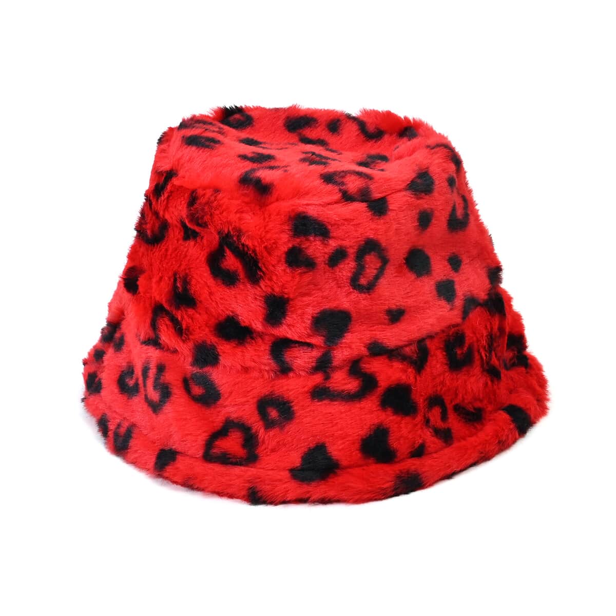 Set of 2 Red Cheetah Pattern and Black Solid Faux Fur Bucket Hats image number 1