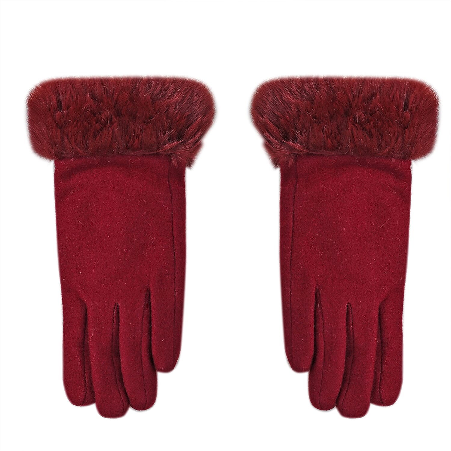 Wine Cashmere Blend Gloves with Fur Cuffs and Touch Screen Function – One Size Fits Most