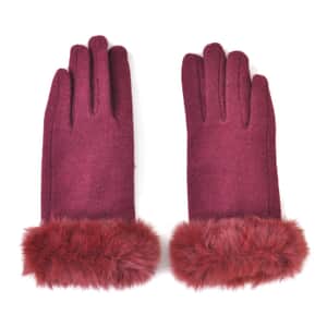 Wine 70% Cashmere Wool and 30% Polyester Faux Fur Gloves with Touch Screen Function