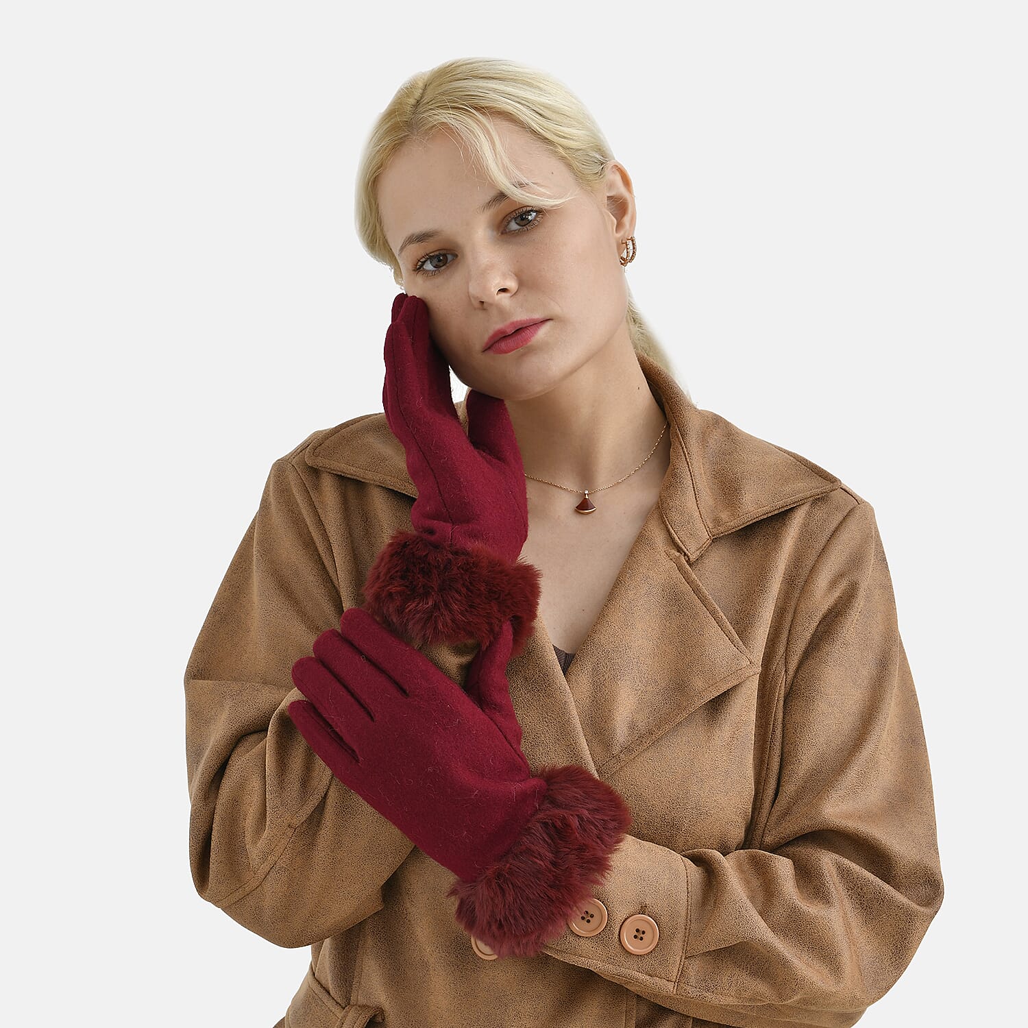 Wine Cashmere Blend Gloves with Fur Cuffs and Touch Screen Function – One Size Fits Most