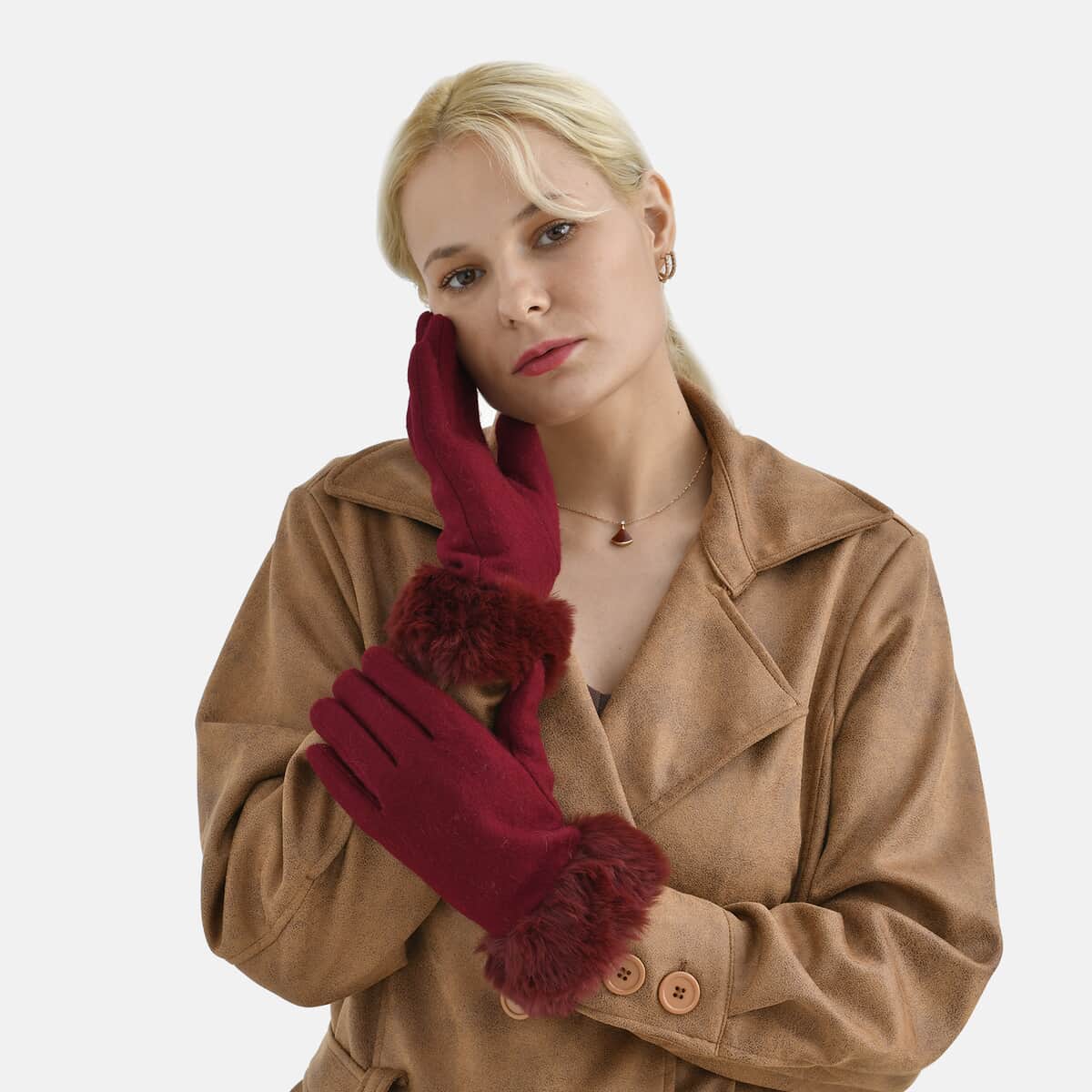 Wine 70% Cashmere Wool and 30% Polyster Faux Fur Gloves with Touch Screen Function (9"x3.93") image number 1