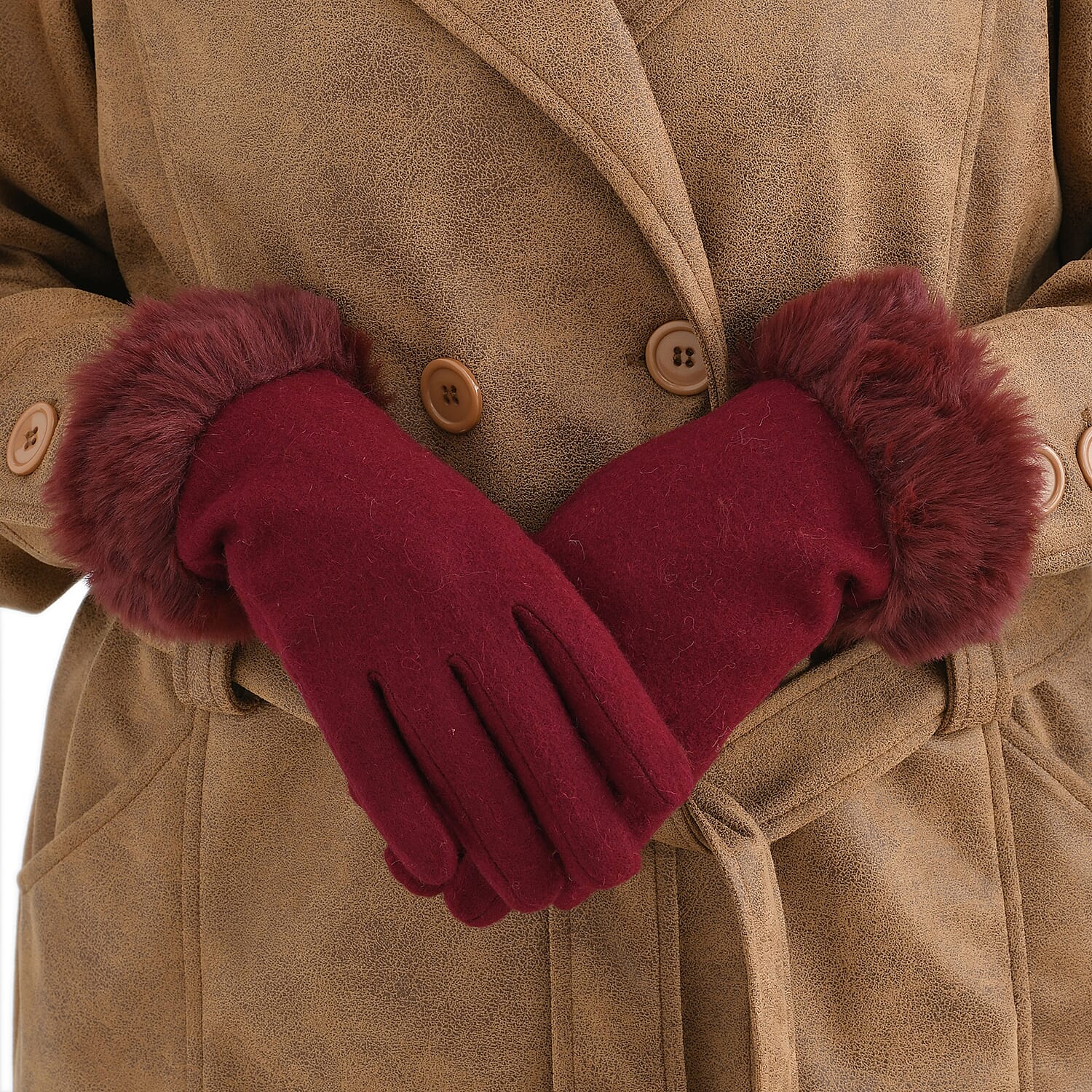 Wine Cashmere Blend Gloves with Fur Cuffs and Touch Screen Function – One Size Fits Most