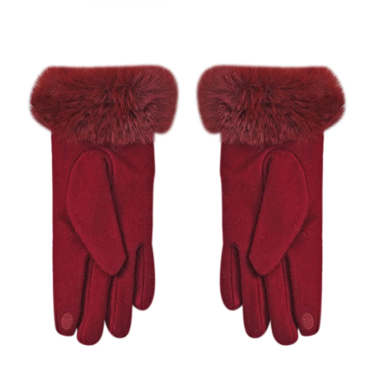 Wine 70% Cashmere Wool and 30% Polyster Faux Fur Gloves with Touch Screen Function (9"x3.93") image number 3