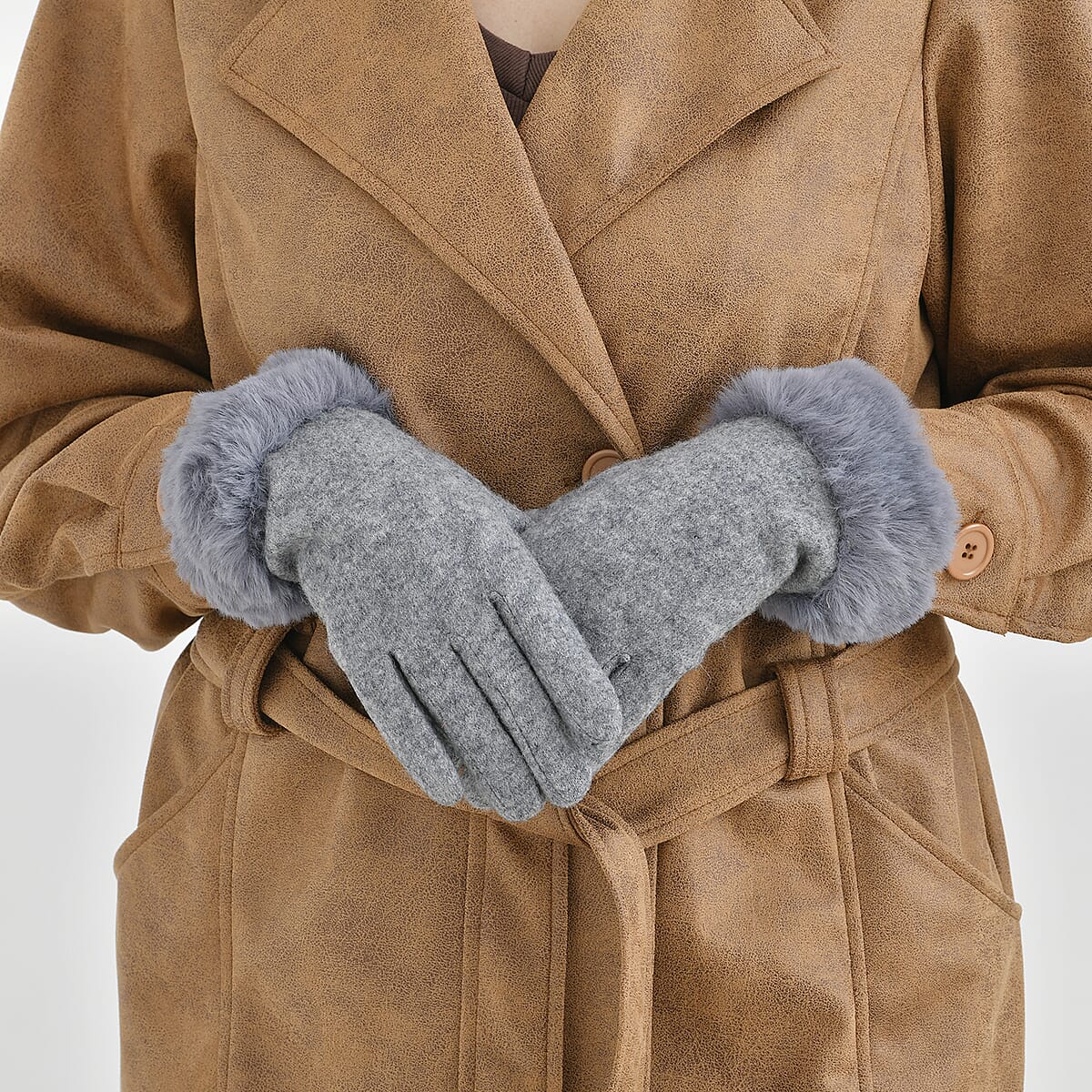 Gray Cashmere Blend Gloves with Fur Cuffs and Touch Screen Function – One Size Fits Most image number 2