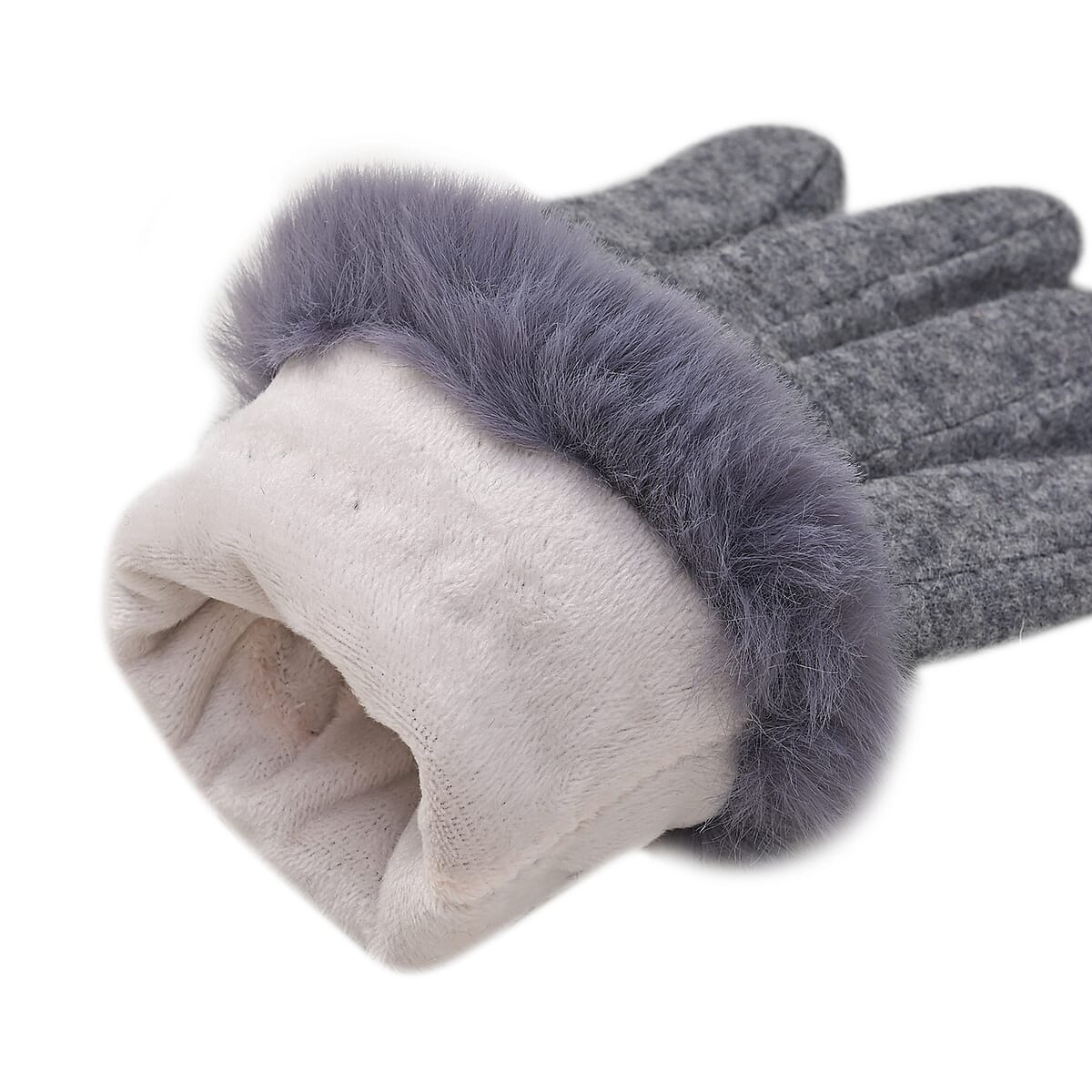 Gray Cashmere Blend Gloves with Fur Cuffs and Touch Screen Function – One Size Fits Most image number 6