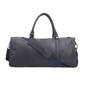 Navy 100% Genuine Leather Luggage Duffle Bag with 57.5 Inch Adjustable and Detachable Shoulder Strap, Drop Handles, Zipper Closure