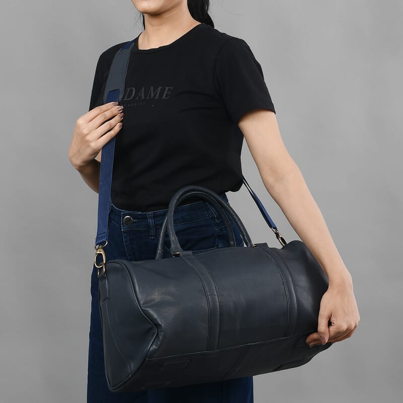 Navy 100% Genuine Leather Luggage Duffle Bag with 57.5 Inch Adjustable and Detachable Shoulder Strap, Drop Handles, Zipper Closure