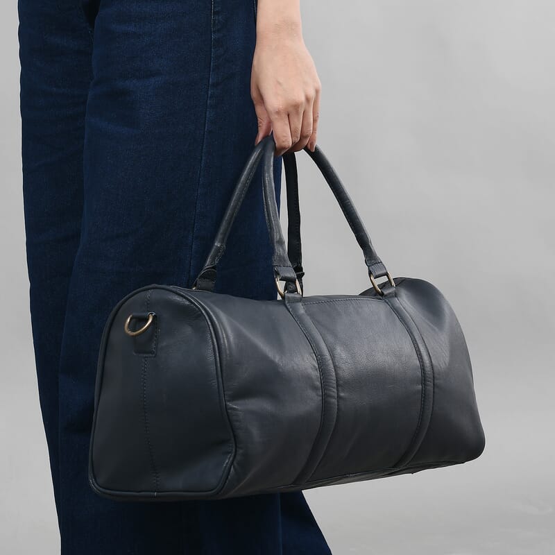 Navy 100% Genuine Leather Luggage Duffle Bag with 57.5 Inch Adjustable and Detachable Shoulder Strap, Drop Handles, Zipper Closure
