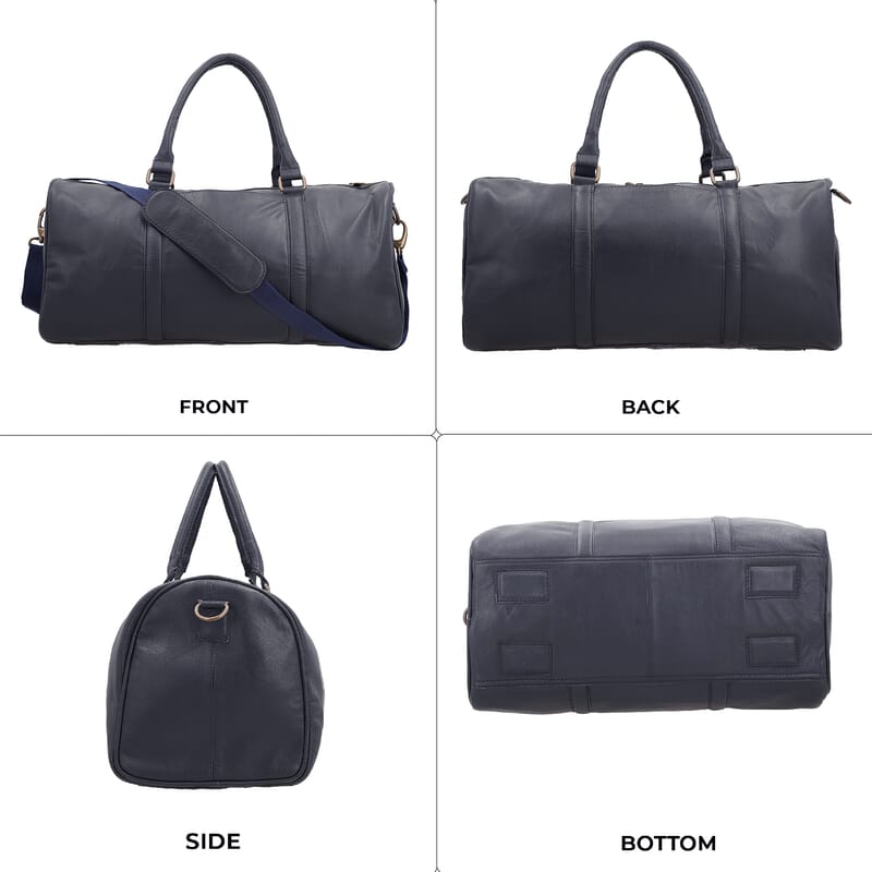 Navy 100% Genuine Leather Luggage Duffle Bag with 57.5 Inch Adjustable and Detachable Shoulder Strap, Drop Handles, Zipper Closure