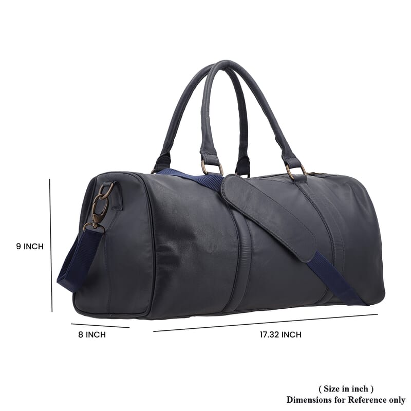 Navy 100% Genuine Leather Luggage Duffle Bag with 57.5 Inch Adjustable and Detachable Shoulder Strap, Drop Handles, Zipper Closure