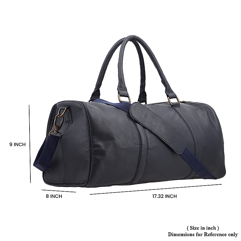 Navy 100% Genuine Leather Luggage Duffle Bag with 57.5 Inch Adjustable and Detachable Shoulder Strap, Drop Handles, Zipper Closure