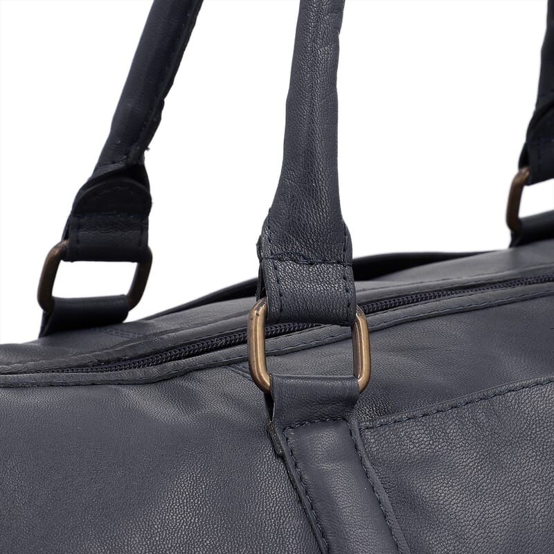 Navy 100% Genuine Leather Luggage Duffle Bag with 57.5 Inch Adjustable and Detachable Shoulder Strap, Drop Handles, Zipper Closure