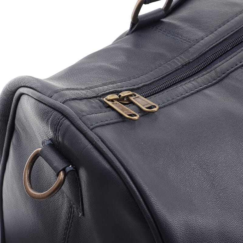 Navy 100% Genuine Leather Luggage Duffle Bag with 57.5 Inch Adjustable and Detachable Shoulder Strap, Drop Handles, Zipper Closure