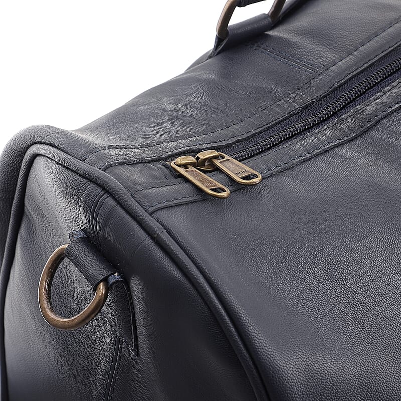 Navy 100% Genuine Leather Luggage Duffle Bag with 57.5 Inch Adjustable and Detachable Shoulder Strap, Drop Handles, Zipper Closure