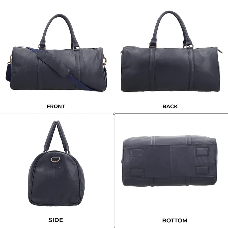 Navy 100% Genuine Leather Luggage Duffle Bag with 57.5 Inch Adjustable and Detachable Shoulder Strap, Drop Handles, Zipper Closure