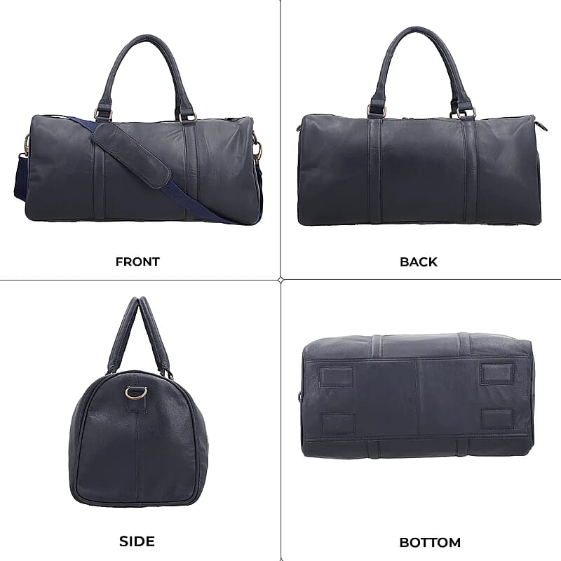 Navy 100% Genuine Leather Luggage Duffle Bag with 57.5 Inch Adjustable and Detachable Shoulder Strap, Drop Handles, Zipper Closure