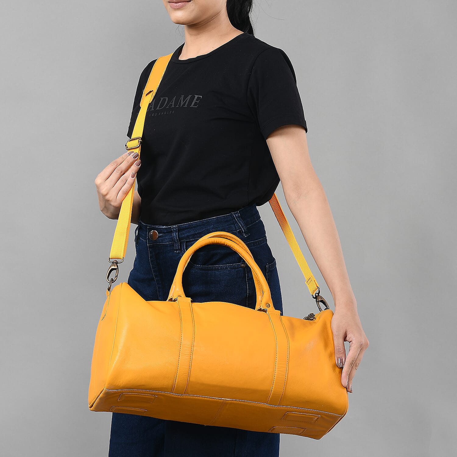 Dark Yellow 100% Genuine Leather Luggage Duffle Bag with 57.5 Inch Adjustable and Detachable Shoulder Strap, Drop Handles, Zipper Closure