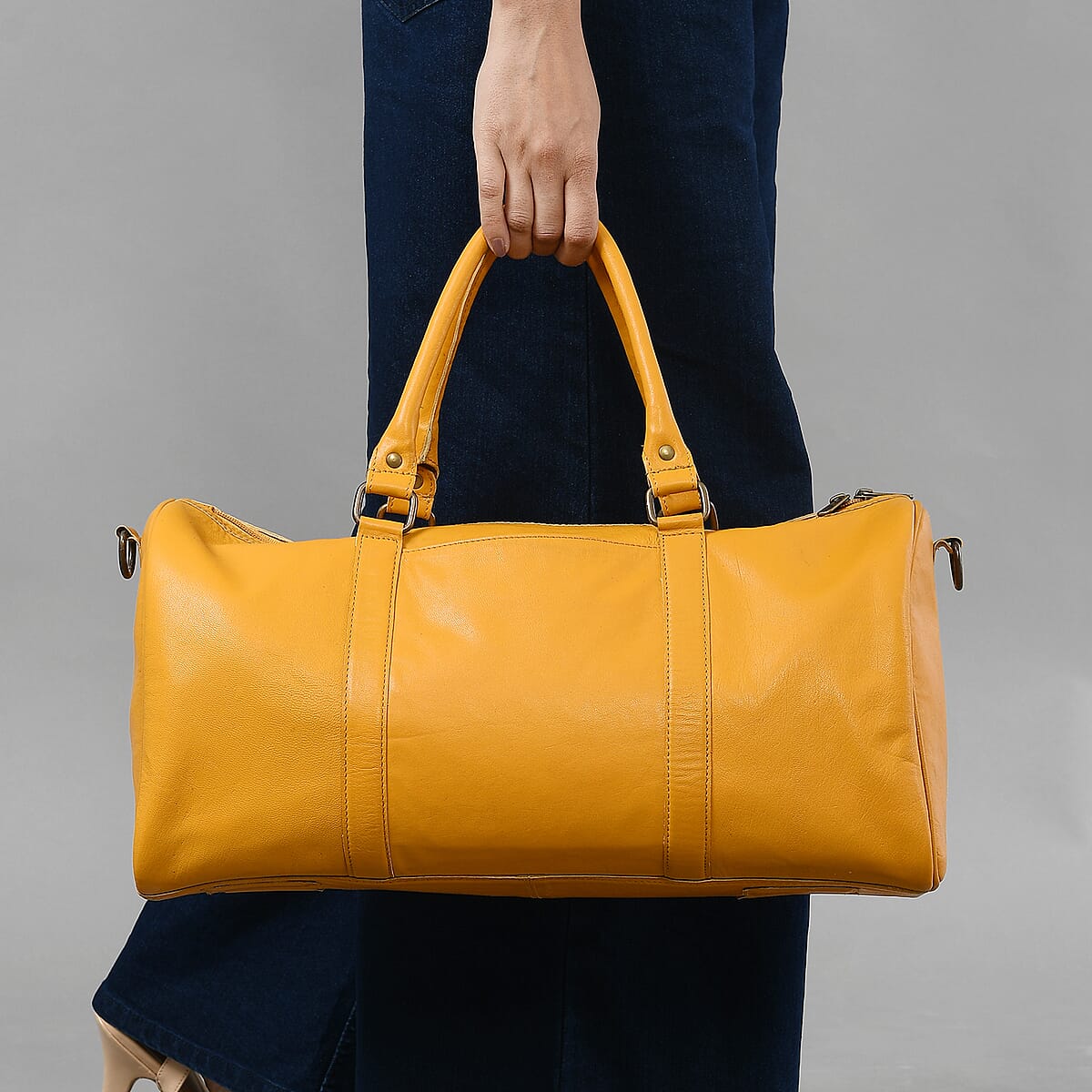 Dark Yellow 100% Genuine Leather Luggage Duffle Bag with 57.5 Inch Adjustable and Detachable Shoulder Strap, Drop Handles, Zipper Closure image number 2