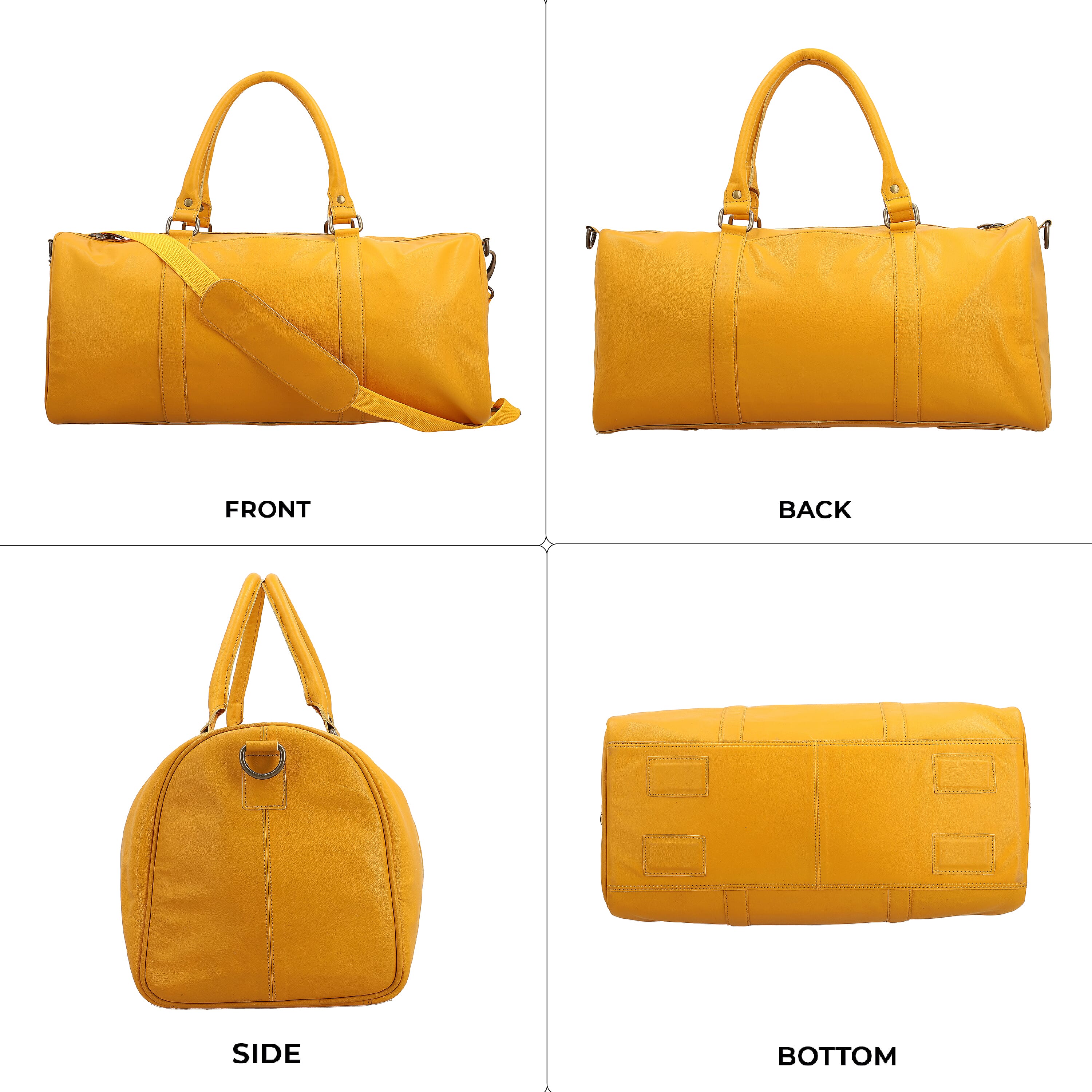 Dark Yellow 100% Genuine Leather Luggage Duffle Bag with 57.5 Inch Adjustable and Detachable Shoulder Strap, Drop Handles, Zipper Closure